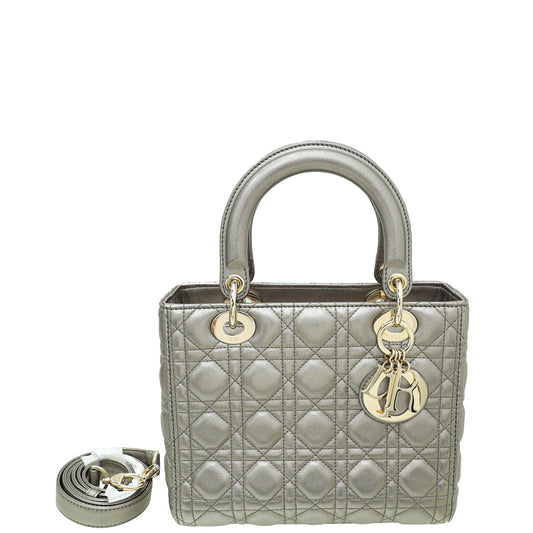 Christian Dior Metallic Grey Lady Dior Medium Bag Rovelle Bags