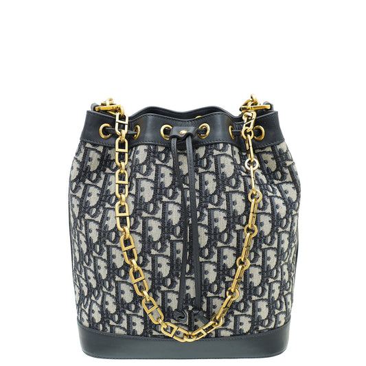Christian Dior Blue Oblique Drawstring Chain Bucket Large Bag Rovelle Bags