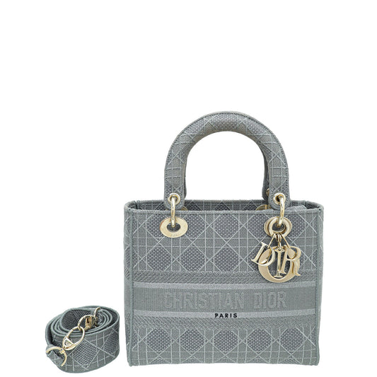 Christian Dior Metallic Grey Lady D-Lite Cannage Embroidery Medium Bag Rovelle Bags