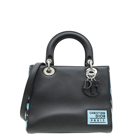 Christian Dior Black Multicolor Printed Logo Lady Dior Medium Bag Rovelle Bags