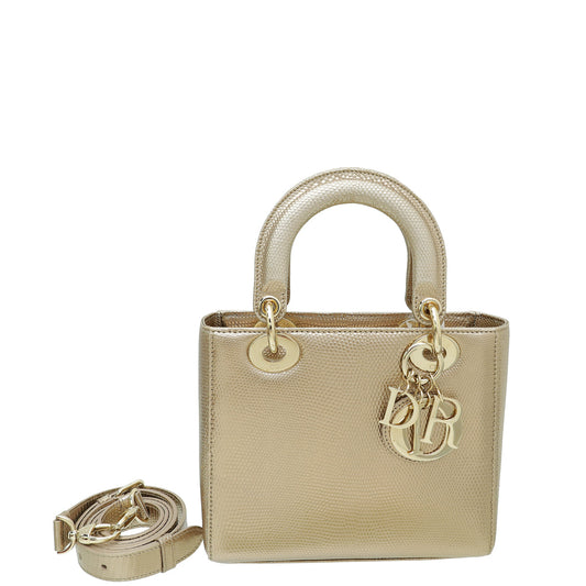 Christian Dior Metallic Champagne Lizard Lady Dior Small Bag Rovelle Bags