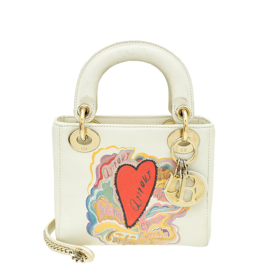 Christian Dior Off White Multicolor Ltd Ed Amour Print Chain Mini Lady Dior Bag Rovelle Bags