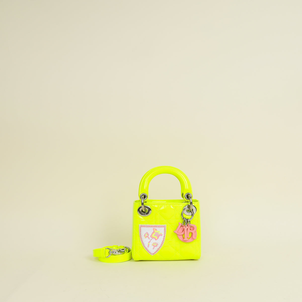 Christian Dior Neon Green Lady Dior Micro With Embroidered Patch Bag Rovelle Bags