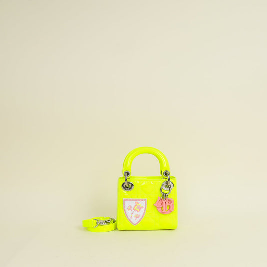 Christian Dior Neon Green Lady Dior Micro With Embroidered Patch Bag Rovelle Bags