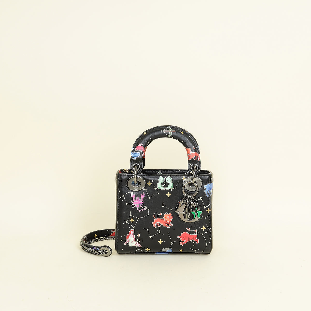 Christian Dior Black Multicolor Pixel Zodiac Print Lady Dior Mini Chain Bag Rovelle Bags