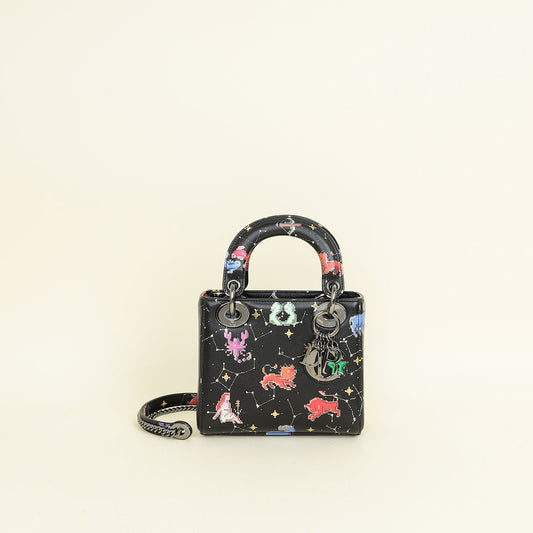 Christian Dior Black Multicolor Pixel Zodiac Print Lady Dior Mini Chain Bag Rovelle Bags