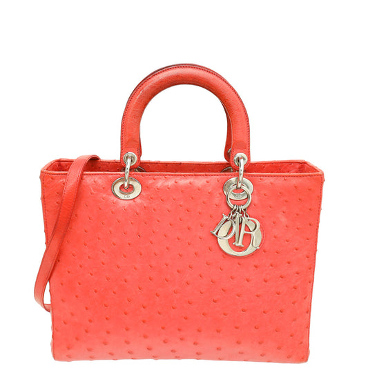 Christian Dior Coral Ostrich Lady Dior Large Bag Rovelle Bags