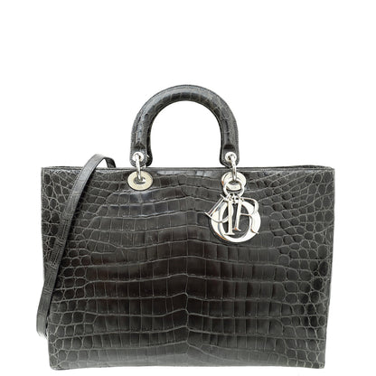 Christian Dior Dark Grey Crocodile Haute Maroquinerie Lady Dior Xl Bag Rovelle Bags