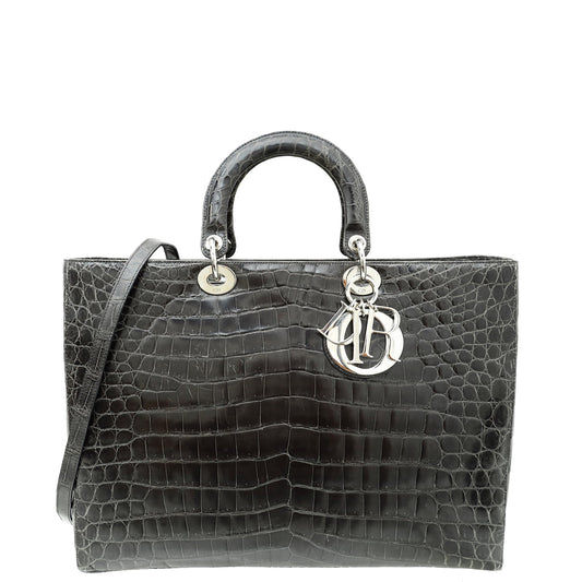 Christian Dior Dark Grey Crocodile Haute Maroquinerie Lady Dior Xl Bag Rovelle Bags
