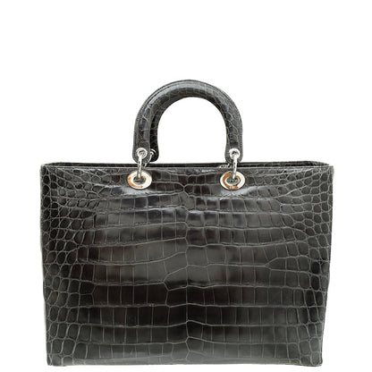Christian Dior Dark Grey Crocodile Haute Maroquinerie Lady Dior Xl Bag Rovelle Bags