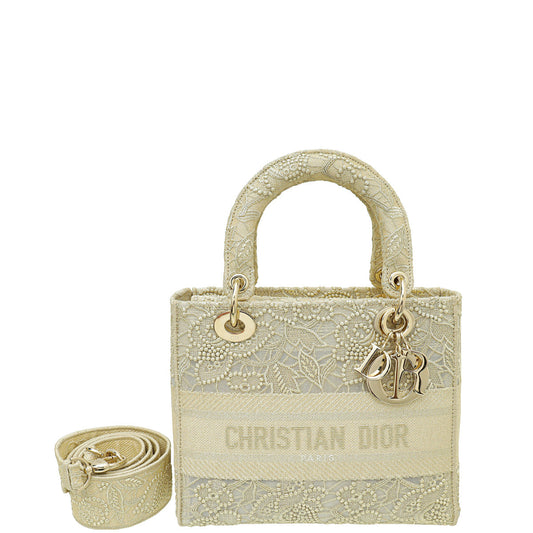 Christian Dior Gold Lady D-Lite Lace Embroidery With Macramé Effect Medium Bag Rovelle Bags