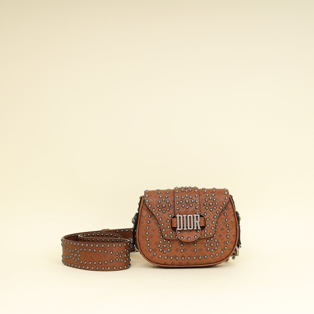 Christian Dior Brown Cannage Embossed Studded D-Fence Saddle Bag Rovelle Bags