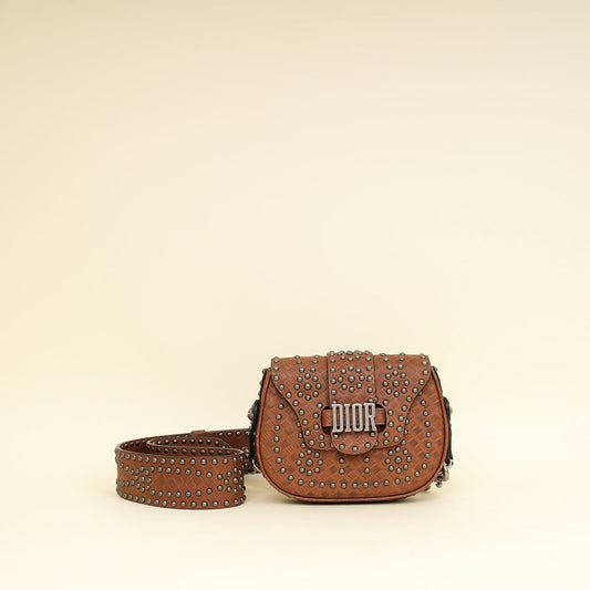Christian Dior Brown Cannage Embossed Studded D-Fence Saddle Bag Rovelle Bags