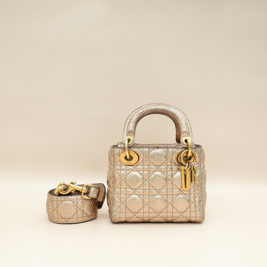 Christian Dior Metallic Rose Gold Python Lady Dior Cannage Supple Mini Bag Rovelle Bags