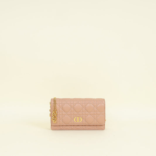 Christian Dior Rose De Vents Caro Cannage Pouch With Chain Rovelle Bags