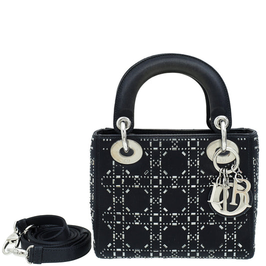 Christian Dior Black Cannage Satin Lady Dior Mini Strass Bag Rovelle Bags