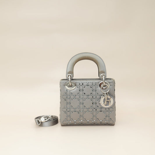 Christian Dior Grey Lady Dior Cannage Satin Strass Mini Bag Rovelle Bags