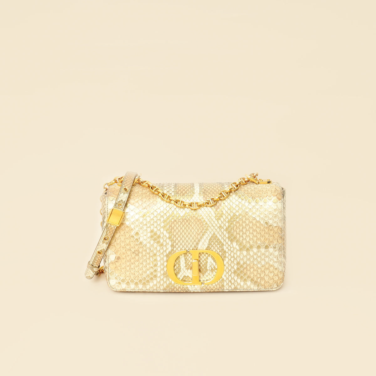 Christian Dior Metallic Golden Beige Python Caro Flap Medium Shoulder Bag Rovelle Bags