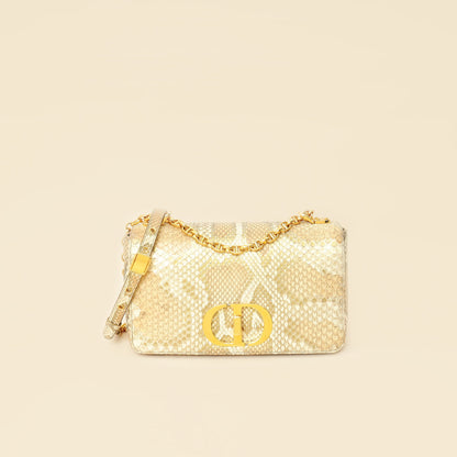 Christian Dior Metallic Golden Beige Python Caro Flap Medium Shoulder Bag Rovelle Bags