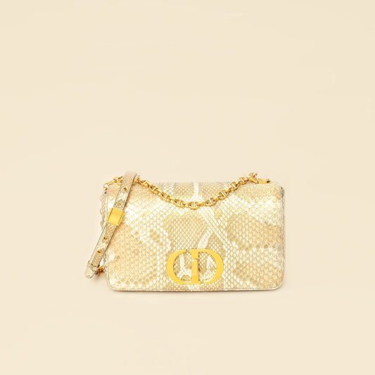 Christian Dior Metallic Golden Beige Python Caro Flap Medium Shoulder Bag Rovelle Bags