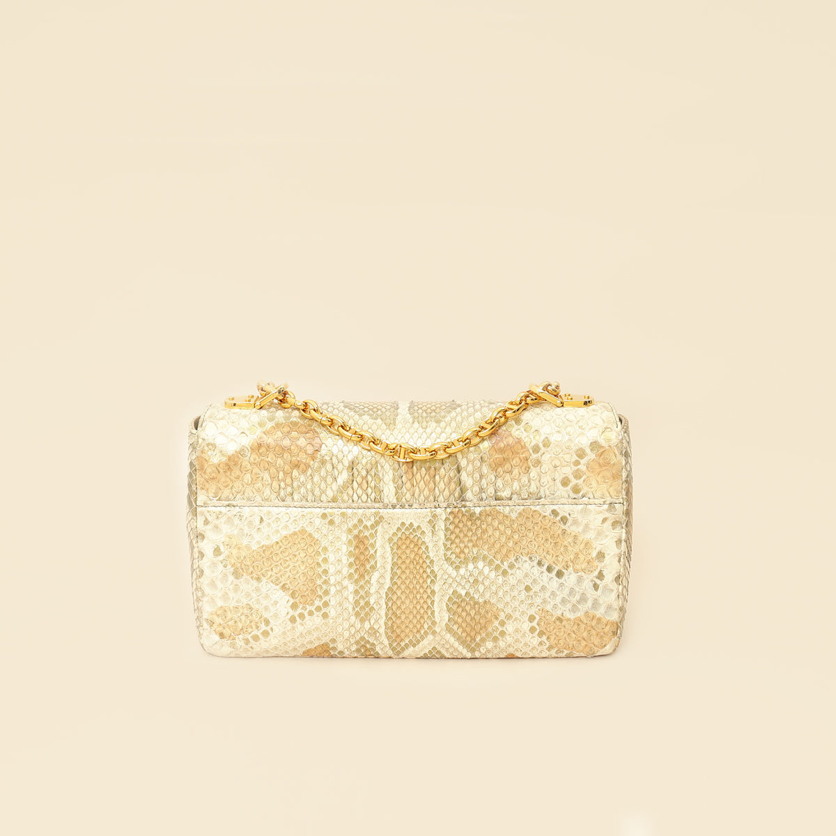 Christian Dior Metallic Golden Beige Python Caro Flap Medium Shoulder Bag Rovelle Bags