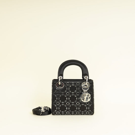 Christian Dior Black Satin Strass Cannage Mini Lady Dior Bag Rovelle Bags