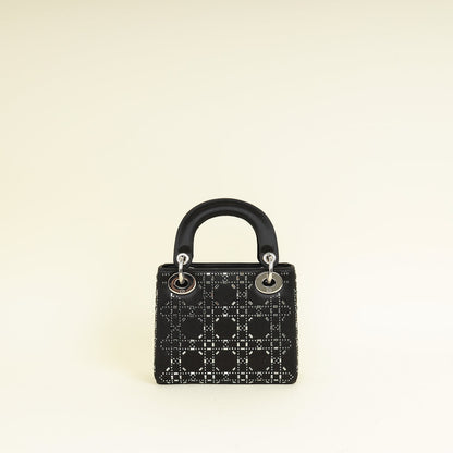 Christian Dior Black Satin Strass Cannage Mini Lady Dior Bag Rovelle Bags