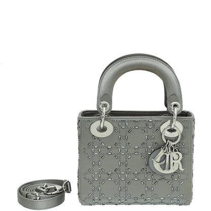 Christian Dior Grey Satin Lady Dior Strass Cannage Mini Bag Rovelle Bags