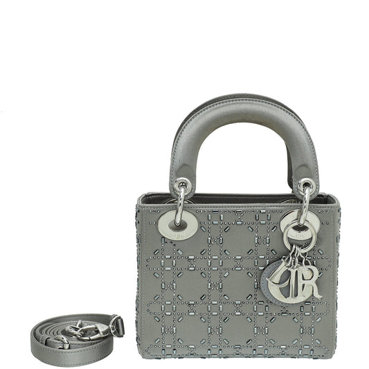 Christian Dior Grey Satin Lady Dior Strass Cannage Mini Bag Rovelle Bags