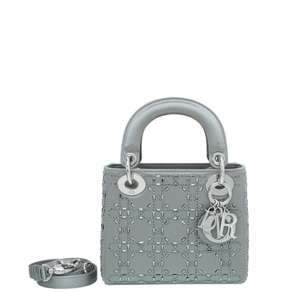 Christian Dior Grey Satin Strass Cannage Lady Dior Mini Bag Rovelle Bags