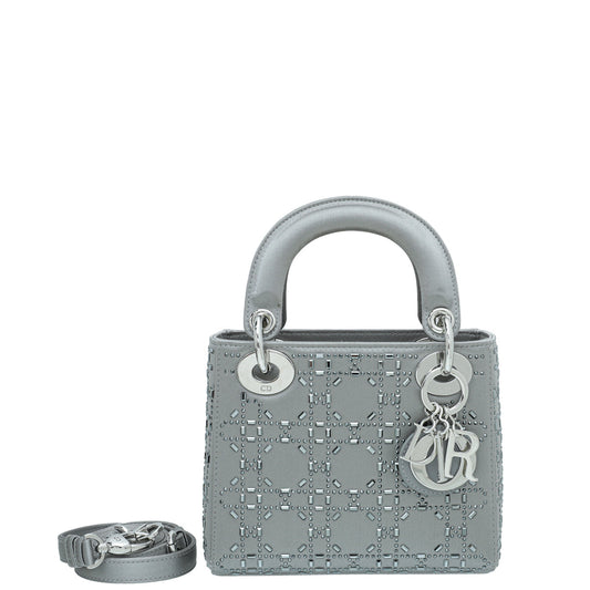 Christian Dior Grey Satin Strass Cannage Lady Dior Mini Bag Rovelle Bags
