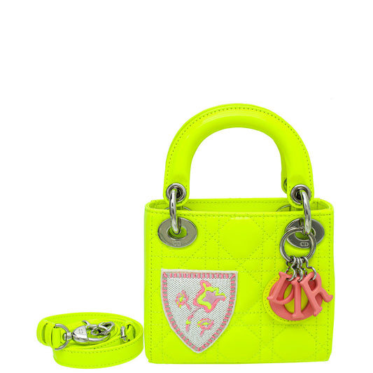 Christian Dior Neon Green Micro Lady Dior Bag With Embroidered Patch Rovelle Bags