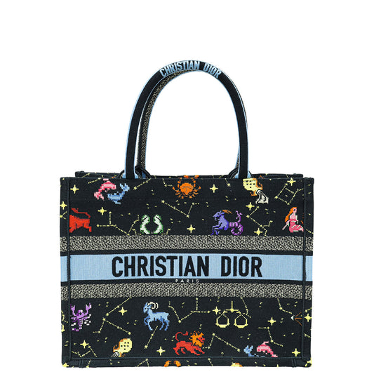 Christian Dior Black Multicolor Pixel Zodiac Embroidery Medium Book Tote Bag Rovelle Bags
