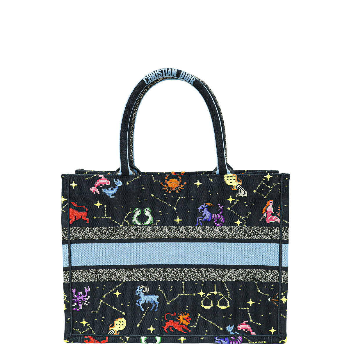 Christian Dior Black Multicolor Pixel Zodiac Embroidery Medium Book Tote Bag Rovelle Bags