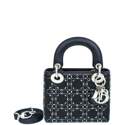 Christian Dior Black Satin Strass Cannage Lady Dior Mini Bag Rovelle Bags