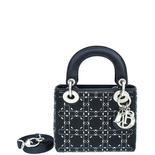 Christian Dior Black Satin Strass Cannage Lady Dior Mini Bag Rovelle Bags