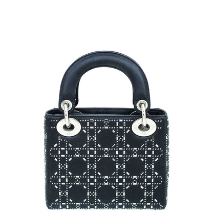 Christian Dior Black Satin Strass Cannage Lady Dior Mini Bag Rovelle Bags