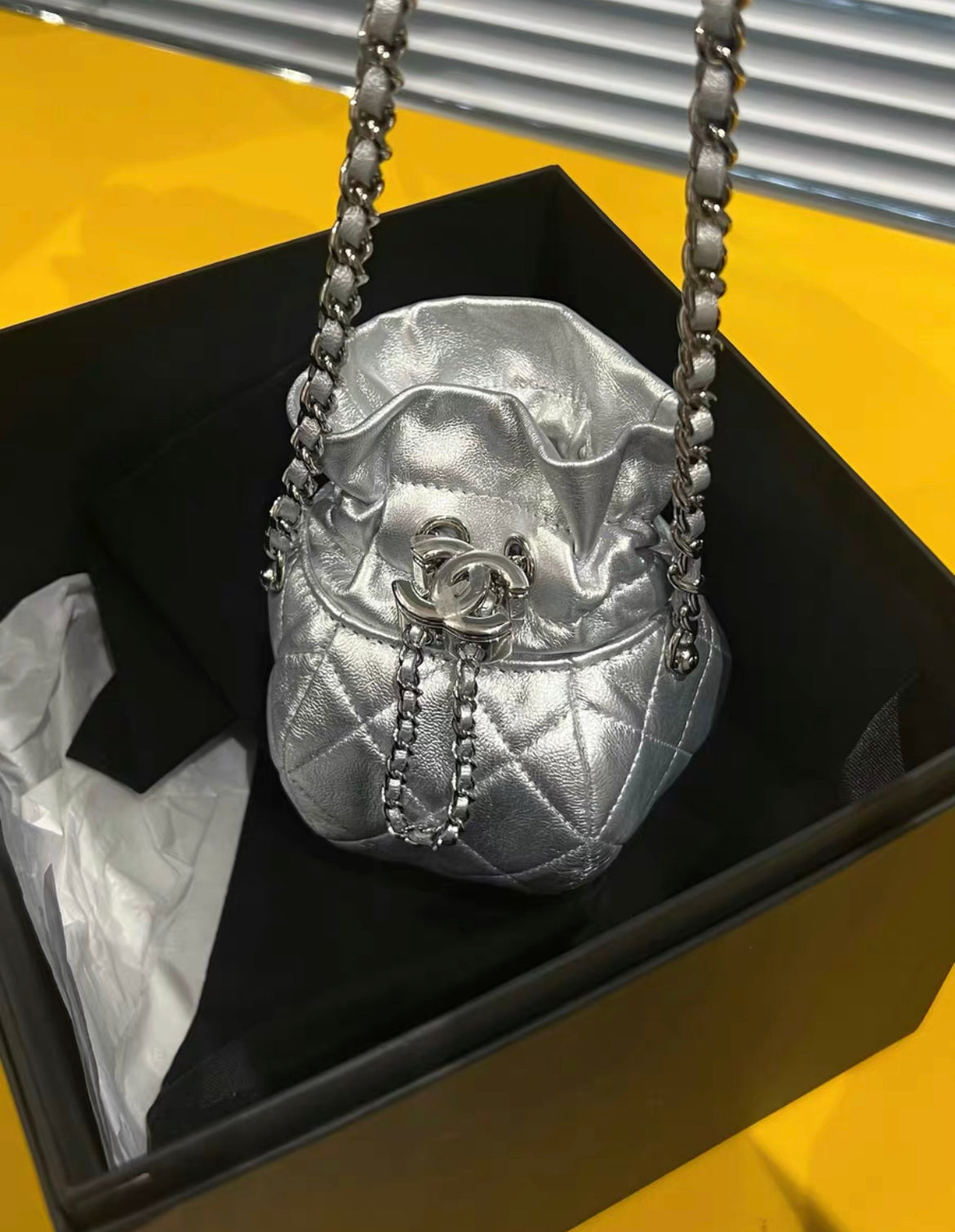 Chanel 23Ss Mini Metallic Quilted Bucket Bag Rovelle Bags