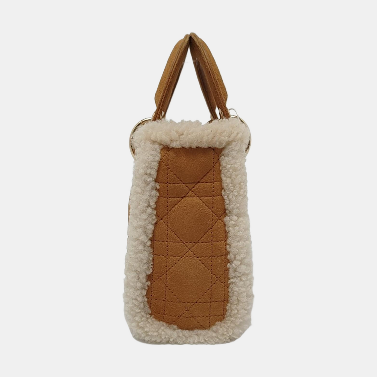 Lady Dior Mini Handbag Brown Leather Shearling Gold Hardware Rovelle Bags