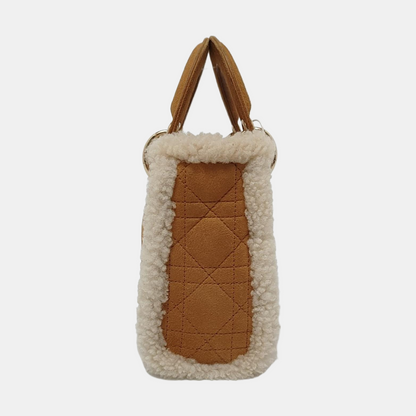Lady Dior Mini Handbag Brown Leather Shearling Gold Hardware Rovelle Bags