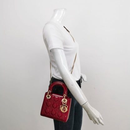 Lady Dior Mini Handbag Red Patent Leather Gold-tone Leather and Chain Strap Rovelle Bags