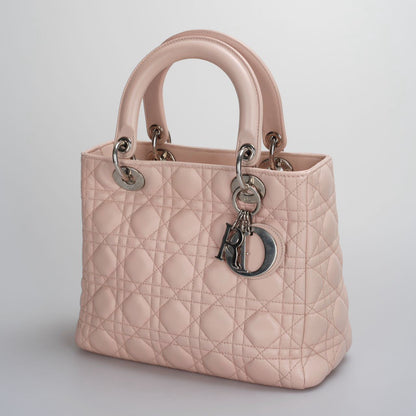 Christian Dior Pink Medium Lady Dior Bag In Cannage Lambskin Leather With Silver Hardware Rovelle Bags