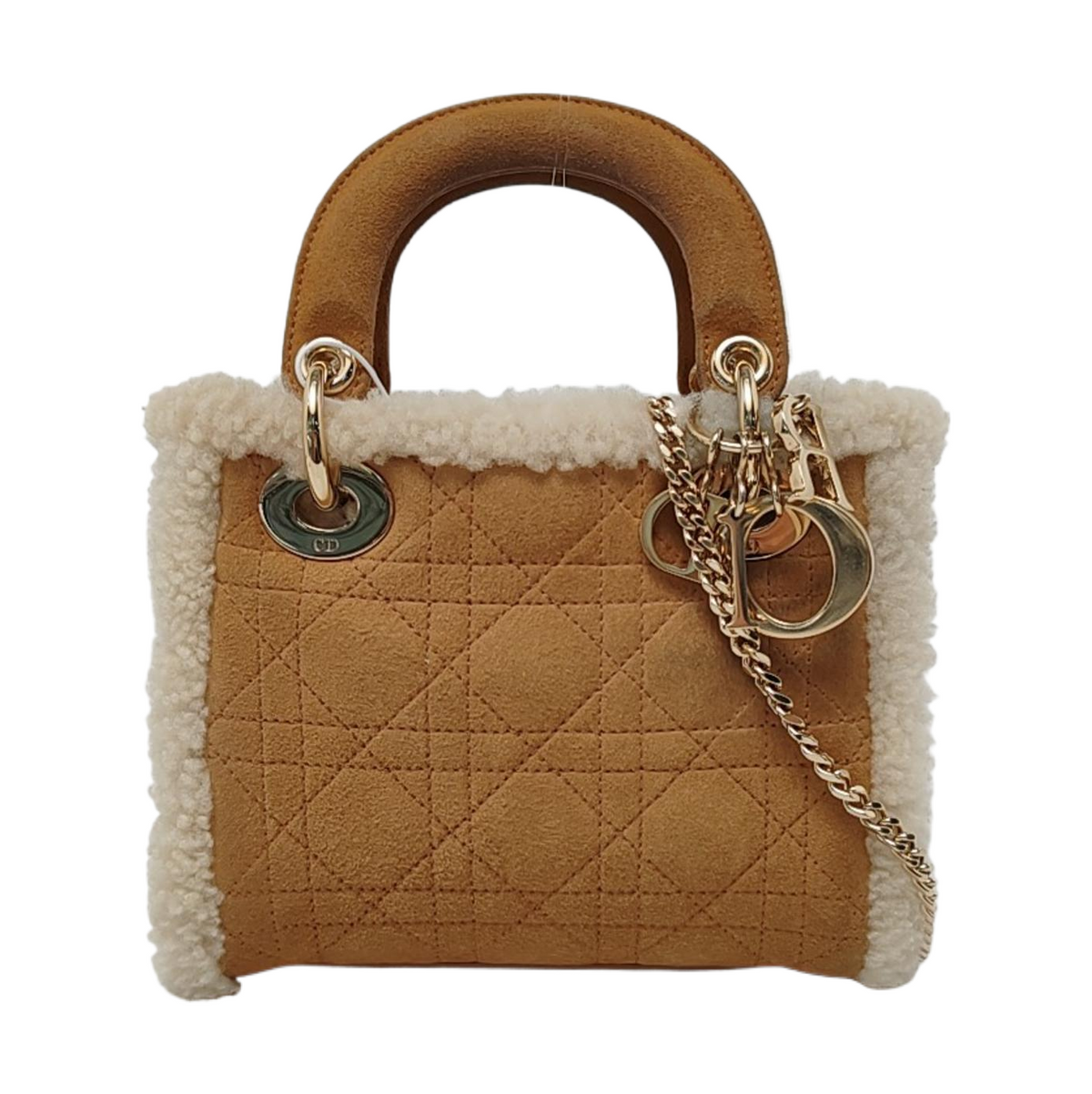 Lady Dior Mini Handbag Brown Leather Shearling Gold Hardware Rovelle Bags