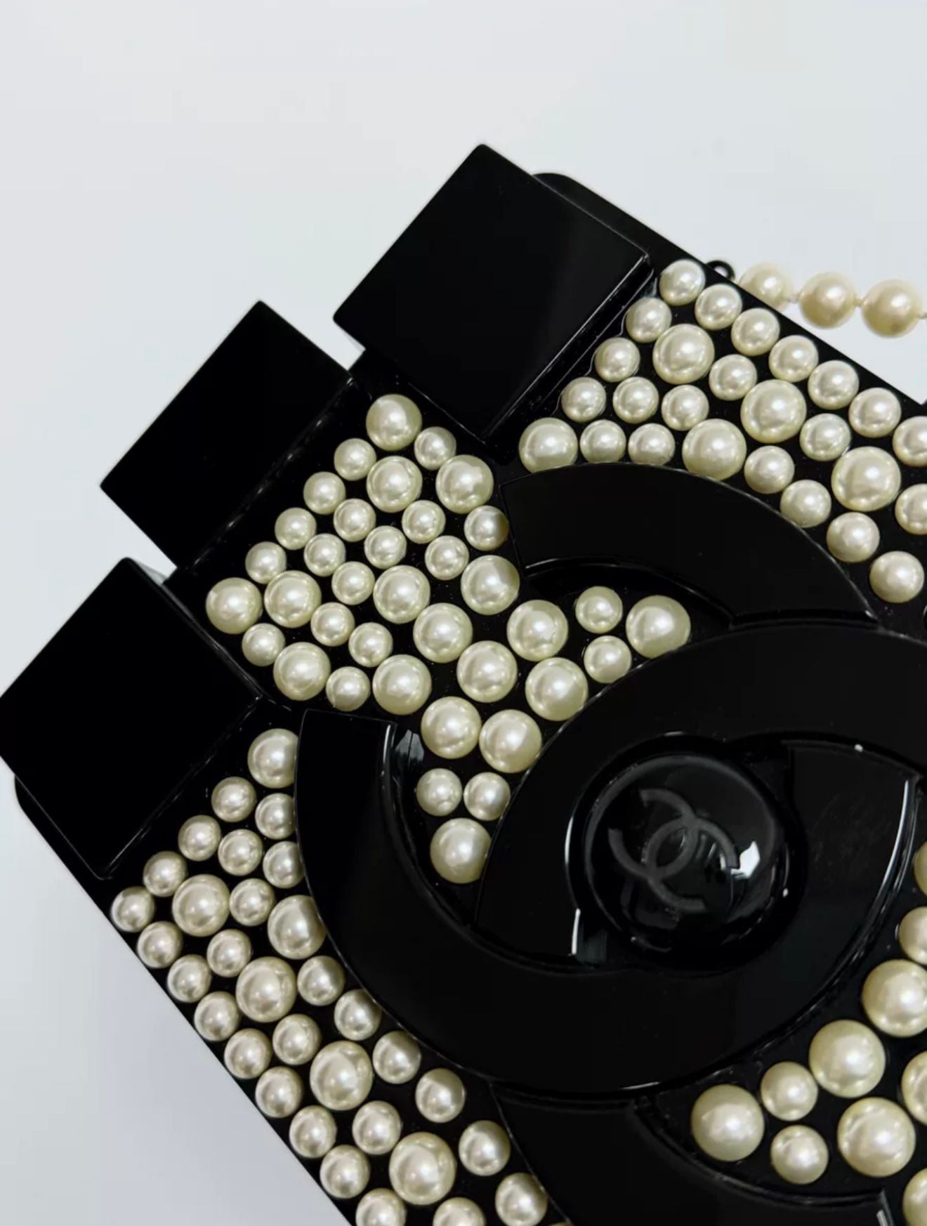 Chanel Runway White Pearl And Black Lego Clutch Rovelle Bags