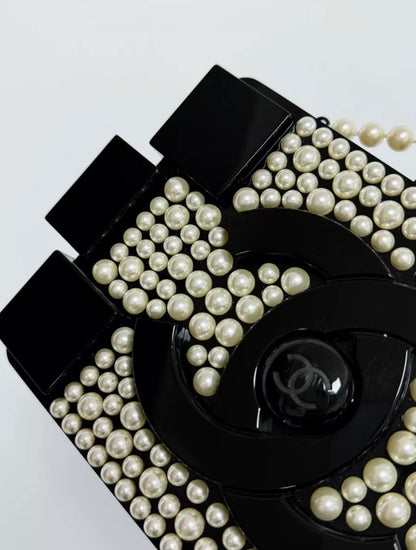 Chanel Runway White Pearl And Black Lego Clutch Rovelle Bags