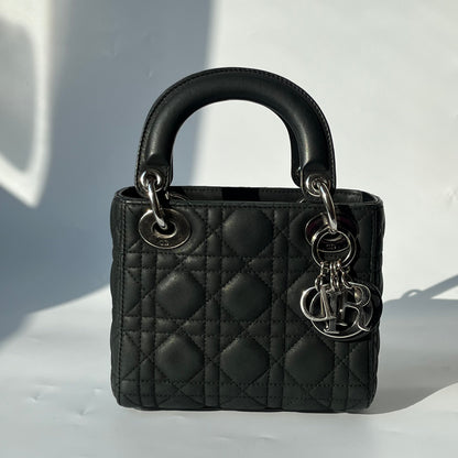Lady Dior Mini Black Nubuck Aged Lambskin Leather handbag with silver hardware Chain Strap Rovelle Bags