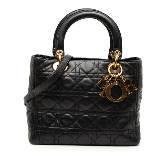 Black Dior Medium Lambskin Cannage Lady Dior Satchel Rovelle Bags