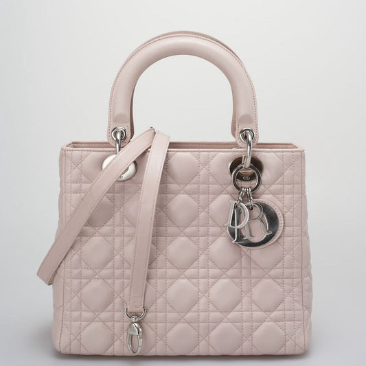 Christian Dior Cherry Blossom Pink Lady Dior Bag In Lambskin With Silver Hardware Rovelle Bags
