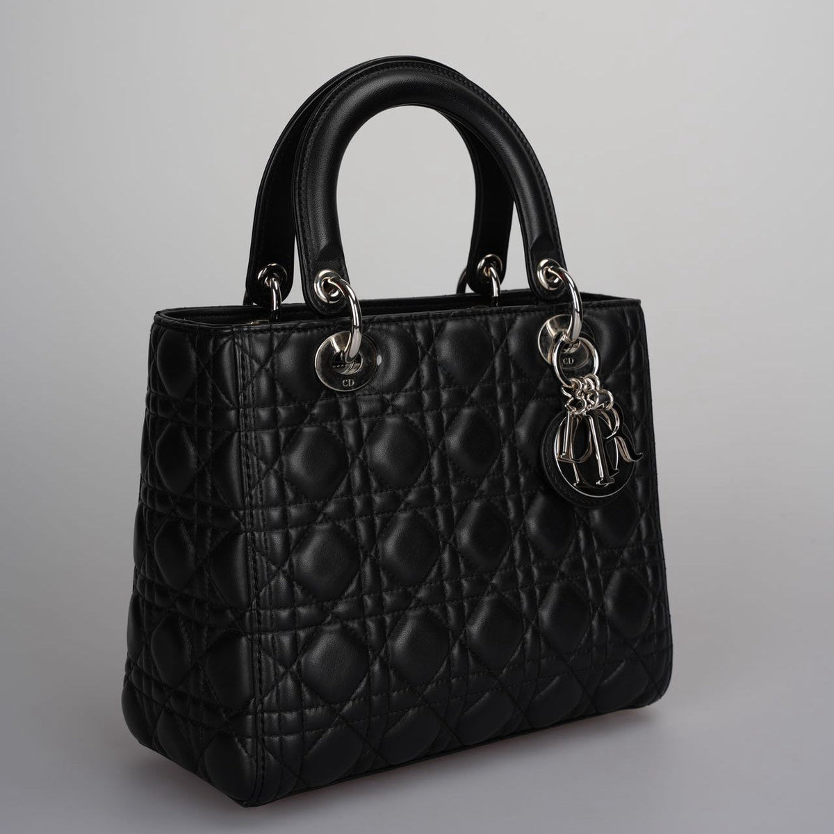 Christian Dior Black Medium Lady Dior Bag In Cannage Lambskin Leather With Silver Hardware Rovelle Bags