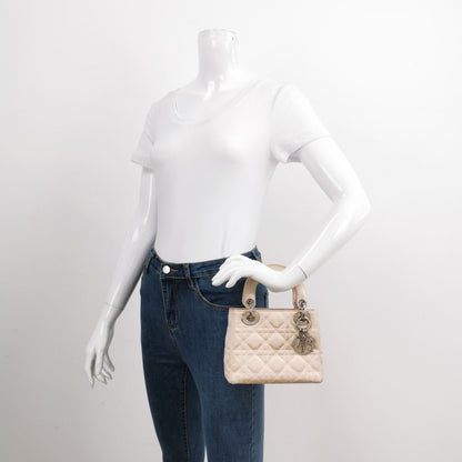 Lady Dior Mini 2004 Beige Silk Handbag Silver Hardware Rovelle Bags